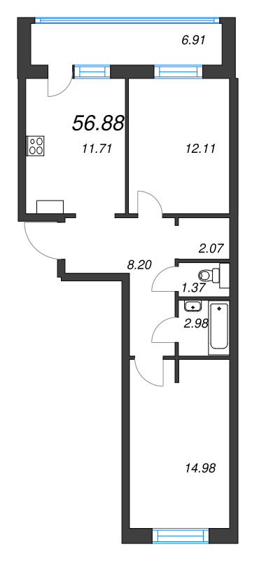 2-комнатная квартира, 56.88 м² в ЖК "Невский берег" - планировка, фото №1