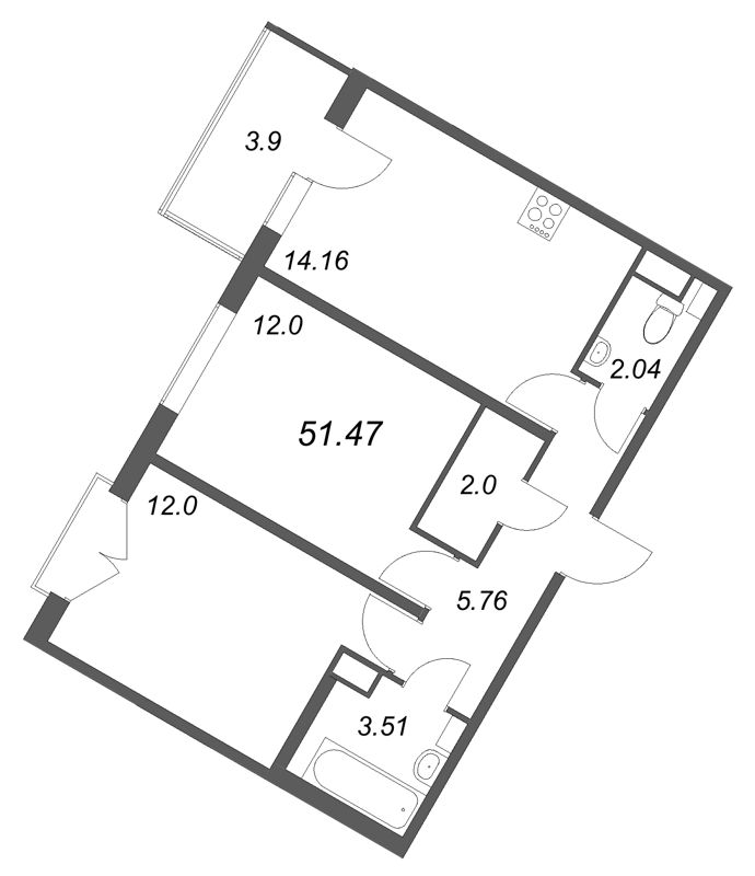 2-комнатная квартира, 51.47 м² - планировка, фото №1