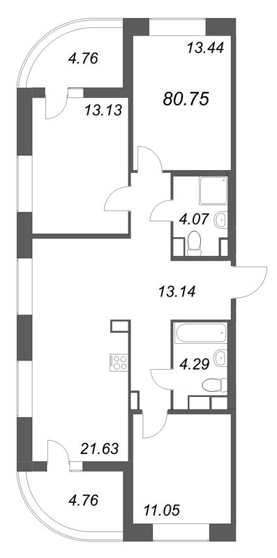 4-комнатная (Евро) квартира, 80.75 м² в ЖК "Ультра Сити 3.0" - планировка, фото №1