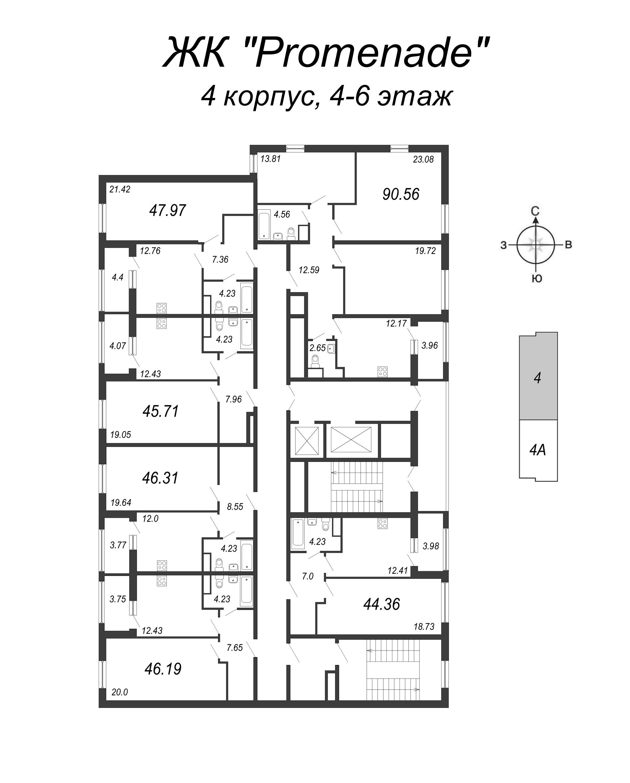 1-комнатная квартира, 44.6 м² в ЖК "PROMENADE" - планировка этажа