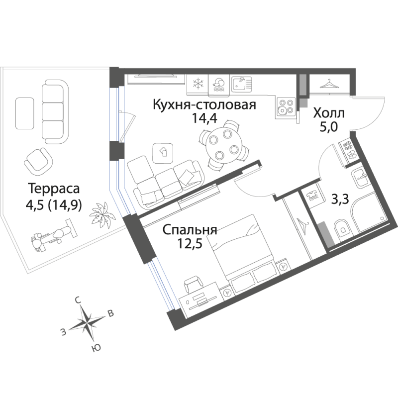 2-комнатная квартира, 39.7 м² в ЖК "Экография" - планировка, фото №1