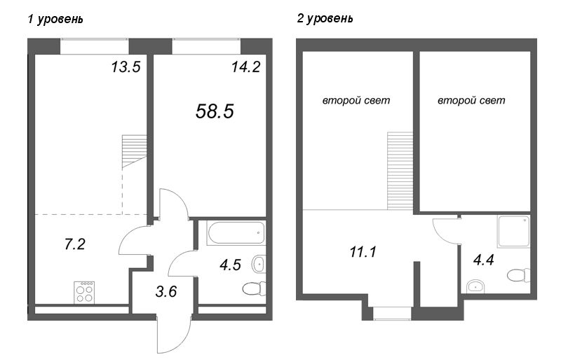 3-комнатная (Евро) квартира, 58.5 м² в ЖК "Пулково Lake" - планировка, фото №1