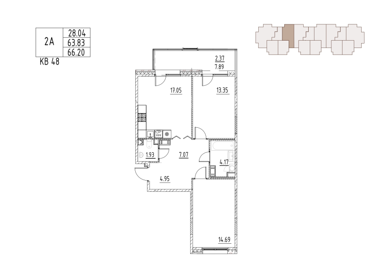 3-комнатная (Евро) квартира, 66.2 м² в ЖК "Loft у озера" - планировка, фото №1