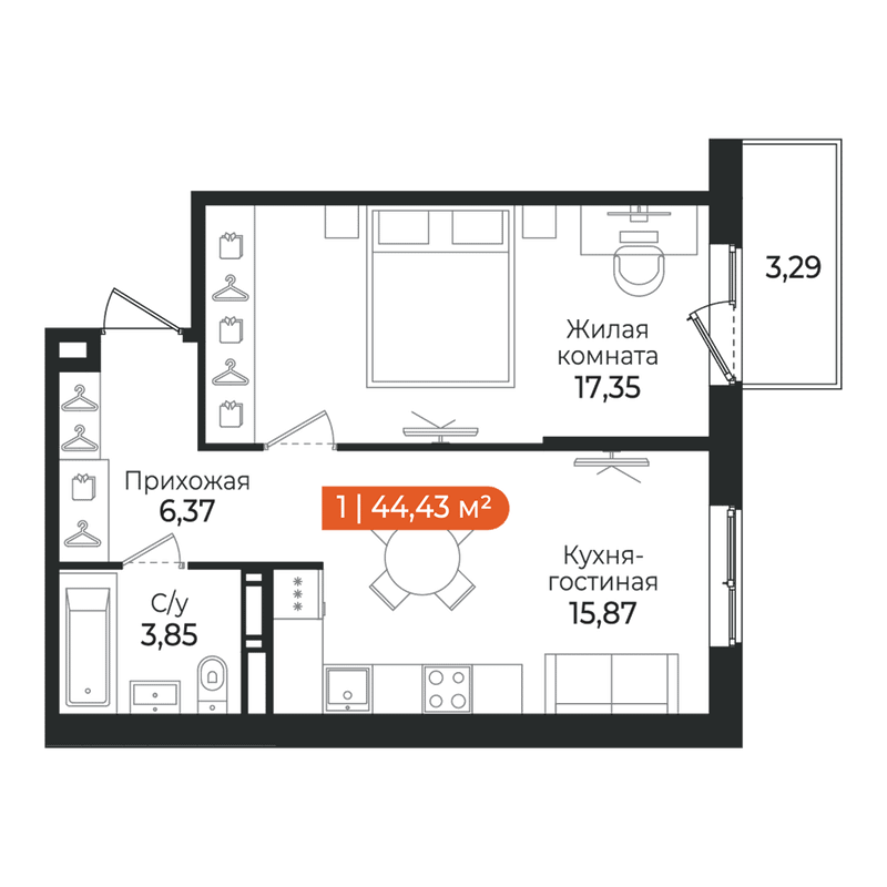 2-комнатная (Евро) квартира, 44.43 м² в ЖК "Алгоритм Квинта" - планировка, фото №1