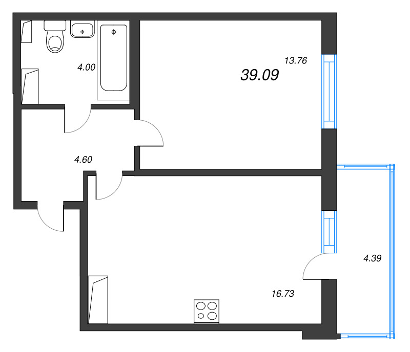 2-комнатная (Евро) квартира, 39.09 м² в ЖК "Любоград" - планировка, фото №1