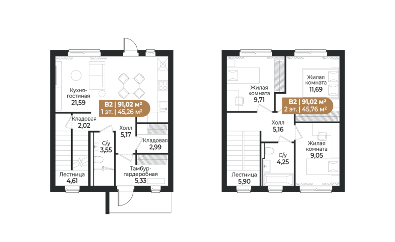 4-комнатная (Евро) квартира, 95.3 м² в ЖК "СветЛО" - планировка, фото №1