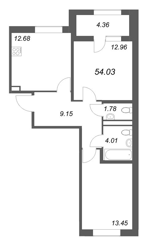 2-комнатная квартира, 54.03 м² в ЖК "Дубровский" - планировка, фото №1