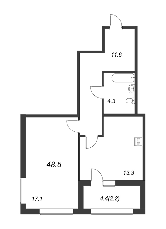 1-комнатная квартира, 48.7 м² - планировка, фото №1