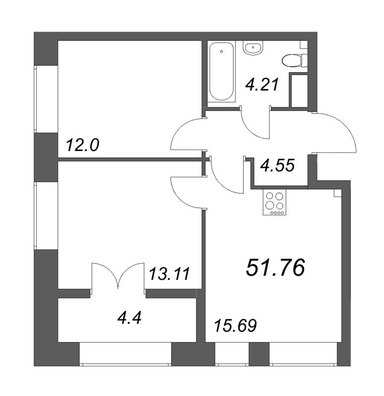 3-комнатная (Евро) квартира, 51.76 м² в ЖК "Новый Питер" - планировка, фото №1