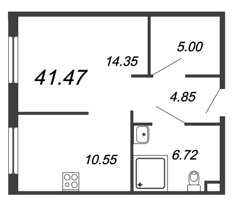 1-комнатная квартира, 41.47 м² - планировка, фото №1