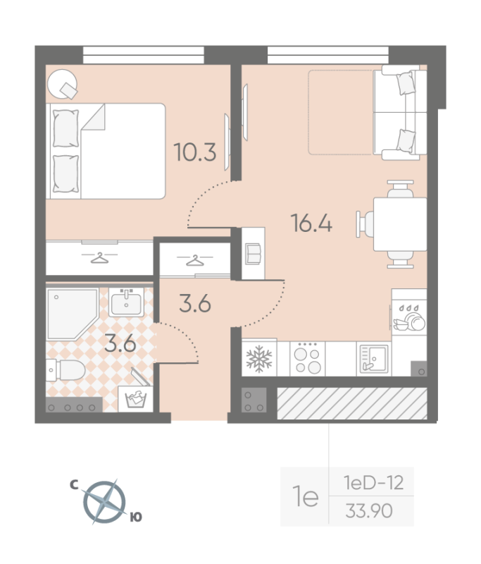 2-комнатная (Евро) квартира, 33.9 м² в ЖК "Пулково Lake" - планировка, фото №1