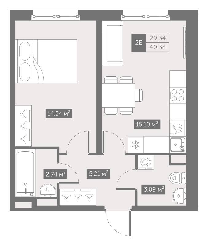 2-комнатная (Евро) квартира, 40.38 м² - планировка, фото №1