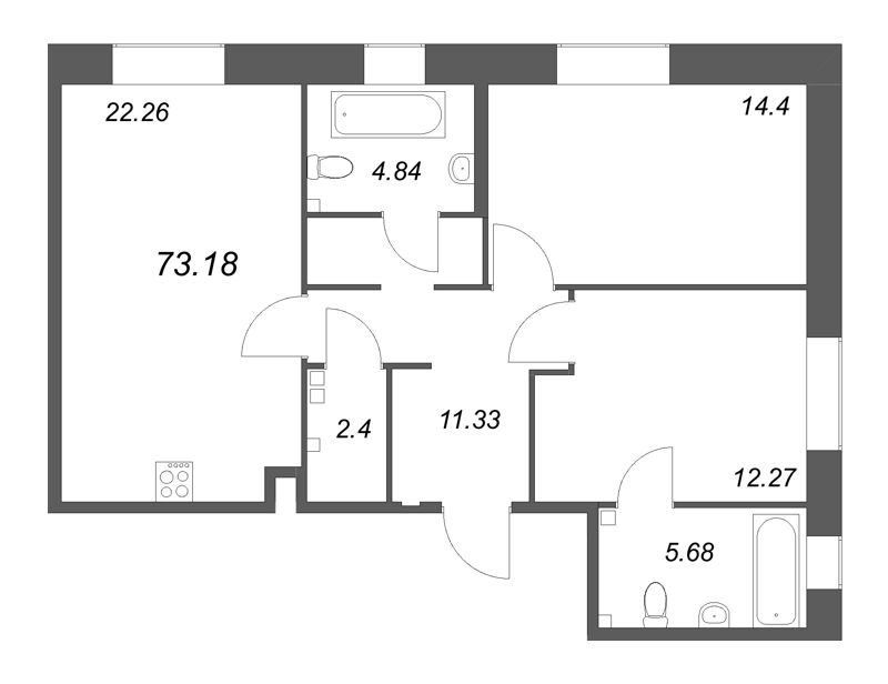 3-комнатная (Евро) квартира, 73.18 м² в ЖК "Ranta Residence" - планировка, фото №1