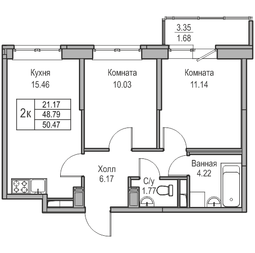 3-комнатная (Евро) квартира, 50.47 м² в ЖК "Юнтолово" - планировка, фото №1