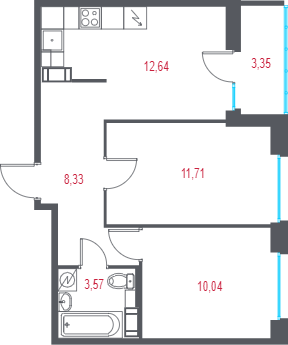 2-комнатная квартира, 47.97 м² - планировка, фото №1