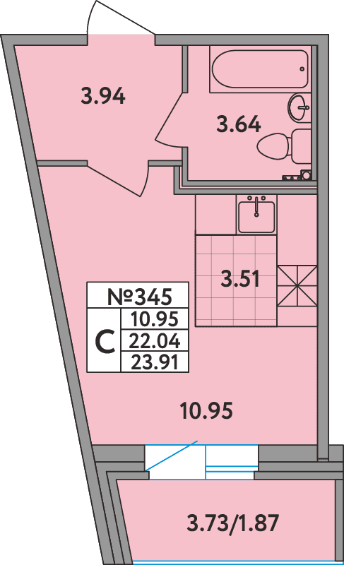 Квартира-студия, 23.5 м² - планировка, фото №1