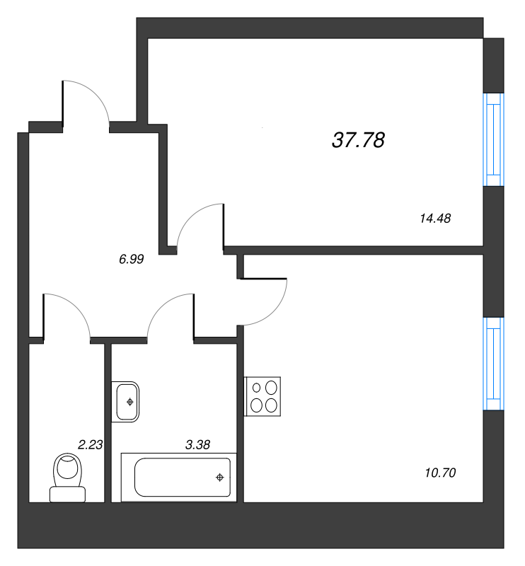 1-комнатная квартира, 37.78 м² - планировка, фото №1