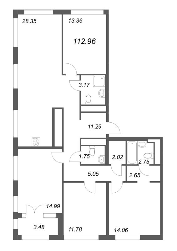 5-комнатная (Евро) квартира, 112.96 м² - планировка, фото №1