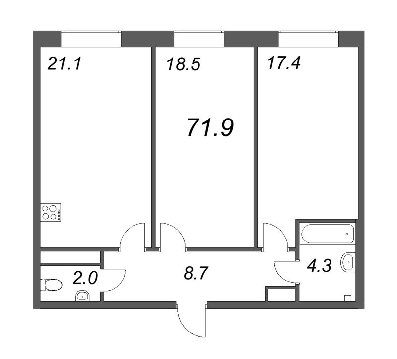 3-комнатная (Евро) квартира, 71.6 м² в ЖК "Neva Haus" - планировка, фото №1
