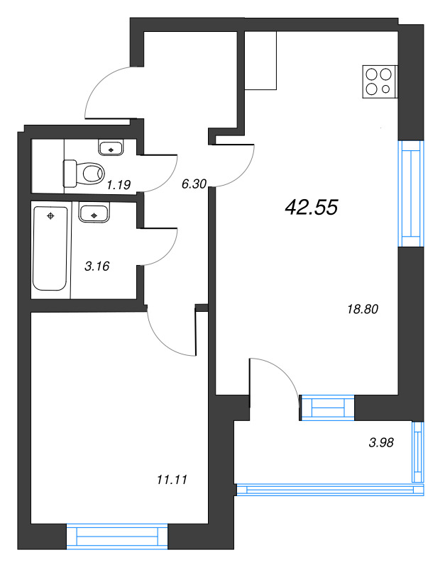 2-комнатная (Евро) квартира, 42.55 м² в ЖК "Искра-Сити" - планировка, фото №1