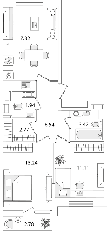 2-комнатная квартира, 57.73 м² в ЖК "Кинопарк" - планировка, фото №1