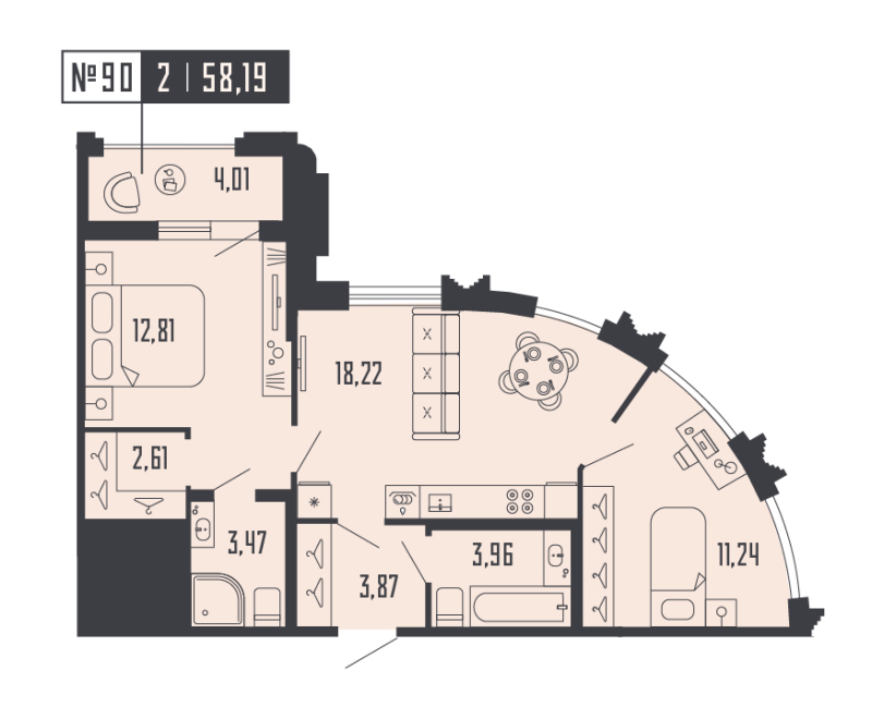3-комнатная (Евро) квартира, 58.19 м² в ЖК "Shepilevskiy" - планировка, фото №1