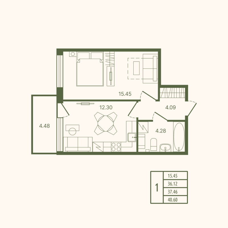 1-комнатная квартира, 37.46 м² в ЖК "Рауни" - планировка, фото №1