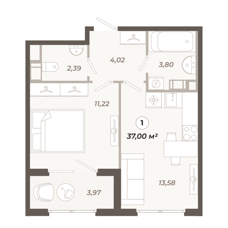 1-комнатная квартира, 37 м² в ЖК "Знатный" - планировка, фото №1