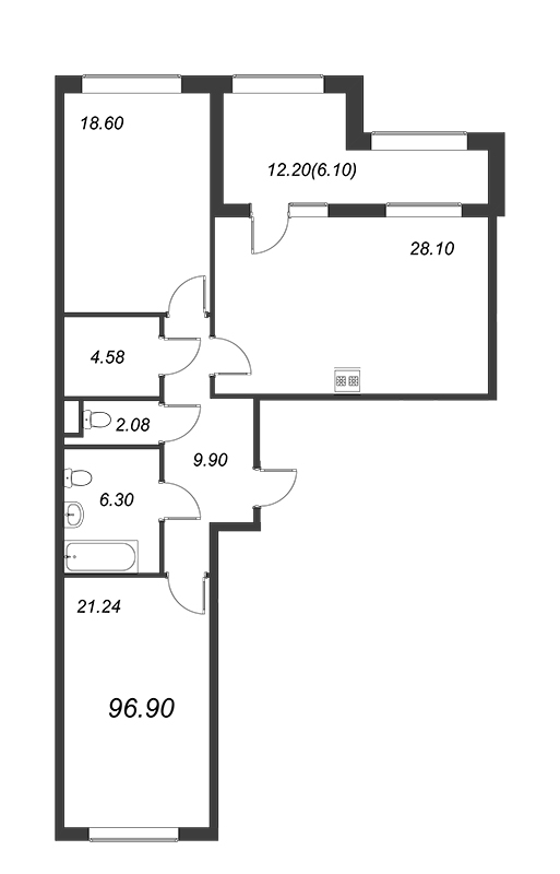 2-комнатная квартира, 96.8 м² - планировка, фото №1
