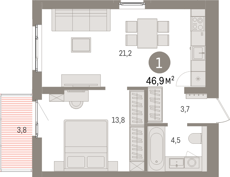 2-комнатная (Евро) квартира, 46.9 м² в ЖК "Брусника в Новоселье" - планировка, фото №1