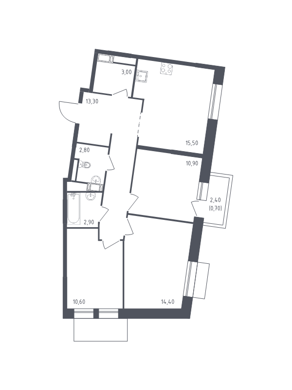 3-комнатная квартира, 72.7 м² в ЖК "Курортный Квартал" - планировка, фото №1