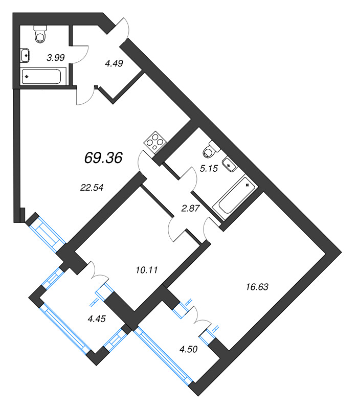 2-комнатная квартира, 68.3 м² - планировка, фото №1