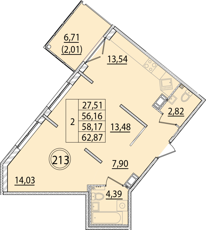 2-комнатная квартира, 56.16 м² - планировка, фото №1