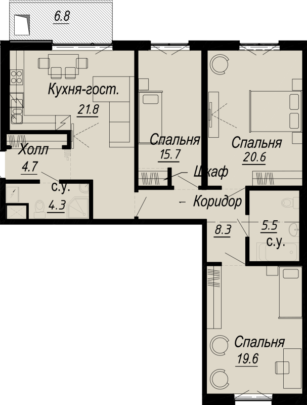 4-комнатная (Евро) квартира, 107.63 м² - планировка, фото №1