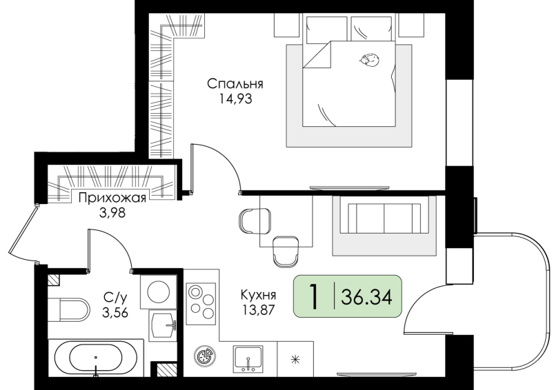 1-комнатная квартира, 36.34 м² в ЖК "Всевгород" - планировка, фото №1