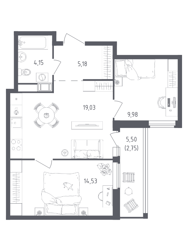 3-комнатная (Евро) квартира, 55.62 м² в ЖК "Южная Нева" - планировка, фото №1