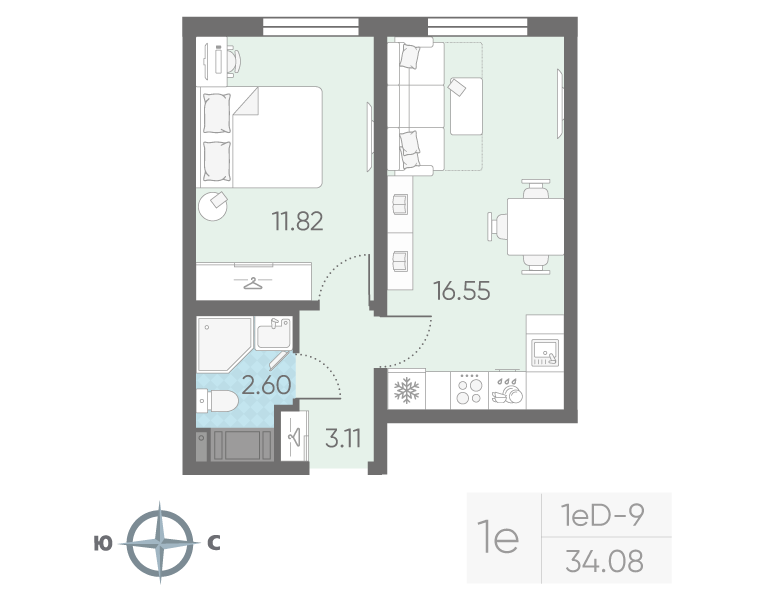 2-комнатная (Евро) квартира, 34.08 м² в ЖК "Морская миля" - планировка, фото №1