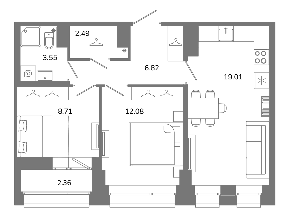 3-комнатная (Евро) квартира, 53.84 м² в ЖК "Твой космос" - планировка, фото №1