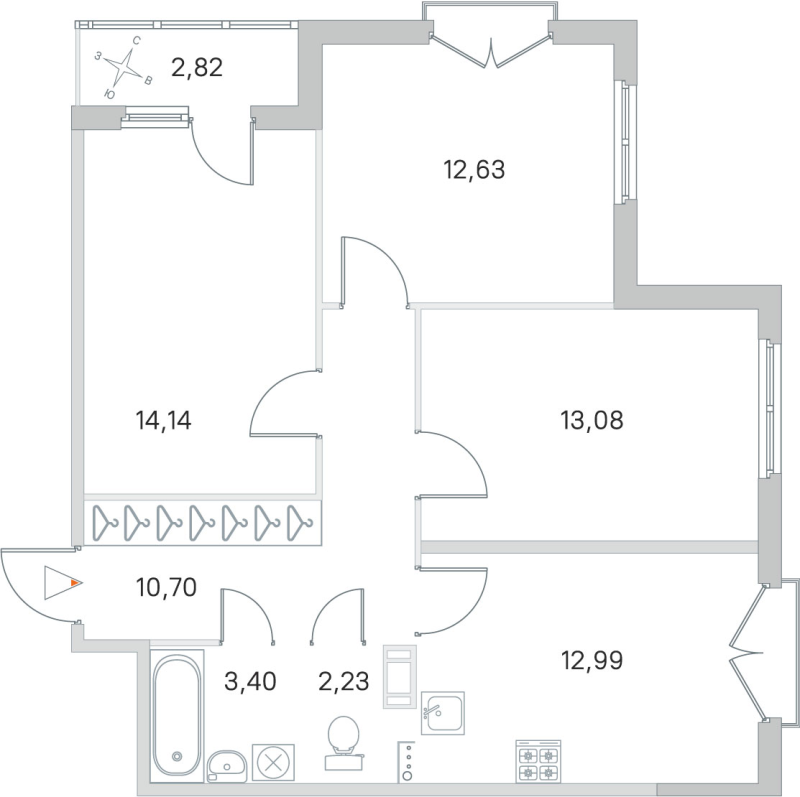 3-комнатная квартира, 69.17 м² - планировка, фото №1