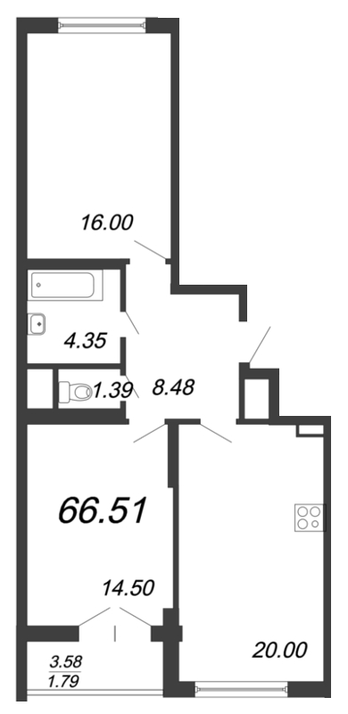 3-комнатная (Евро) квартира, 68.6 м² - планировка, фото №1