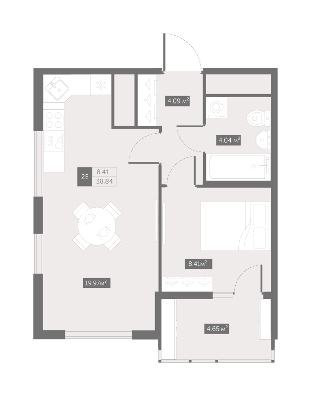2-комнатная (Евро) квартира, 38.75 м² - планировка, фото №1