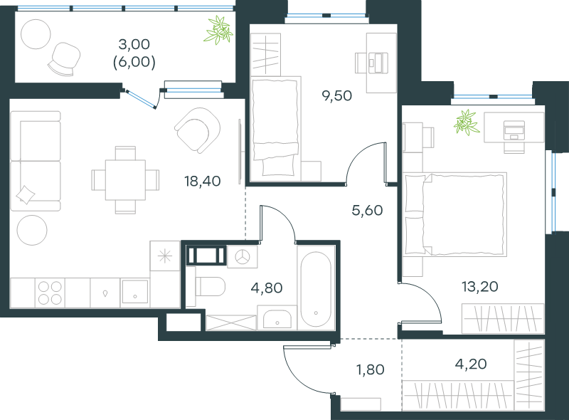 3-комнатная (Евро) квартира, 60.5 м² в ЖК "Левел Мечникова" - планировка, фото №1