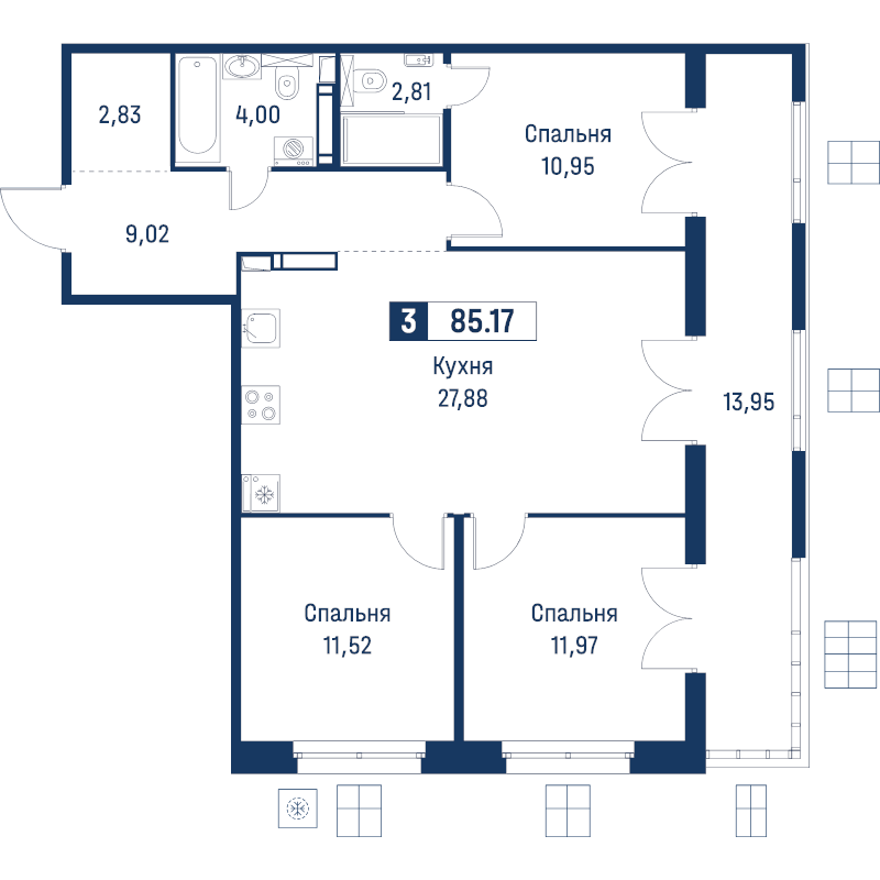 4-комнатная (Евро) квартира, 85.17 м² в ЖК "Символист" - планировка, фото №1