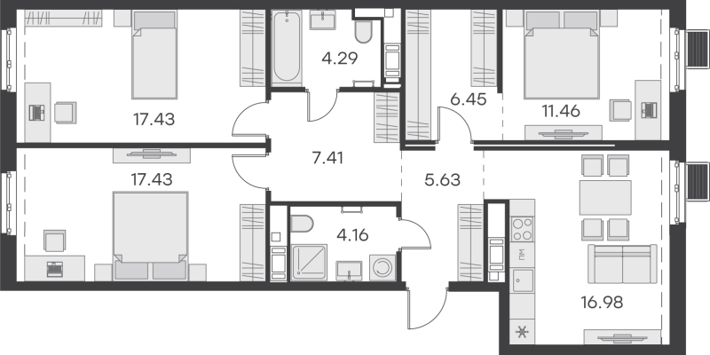 3-комнатная квартира, 91.24 м² - планировка, фото №1