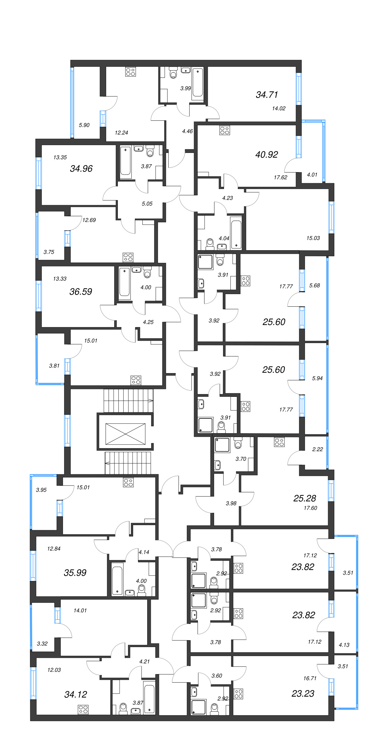 2-комнатная (Евро) квартира, 36.59 м² - планировка этажа