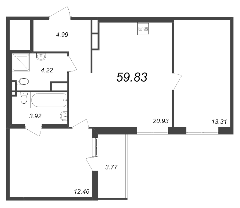 3-комнатная (Евро) квартира, 56.23 м² - планировка, фото №1