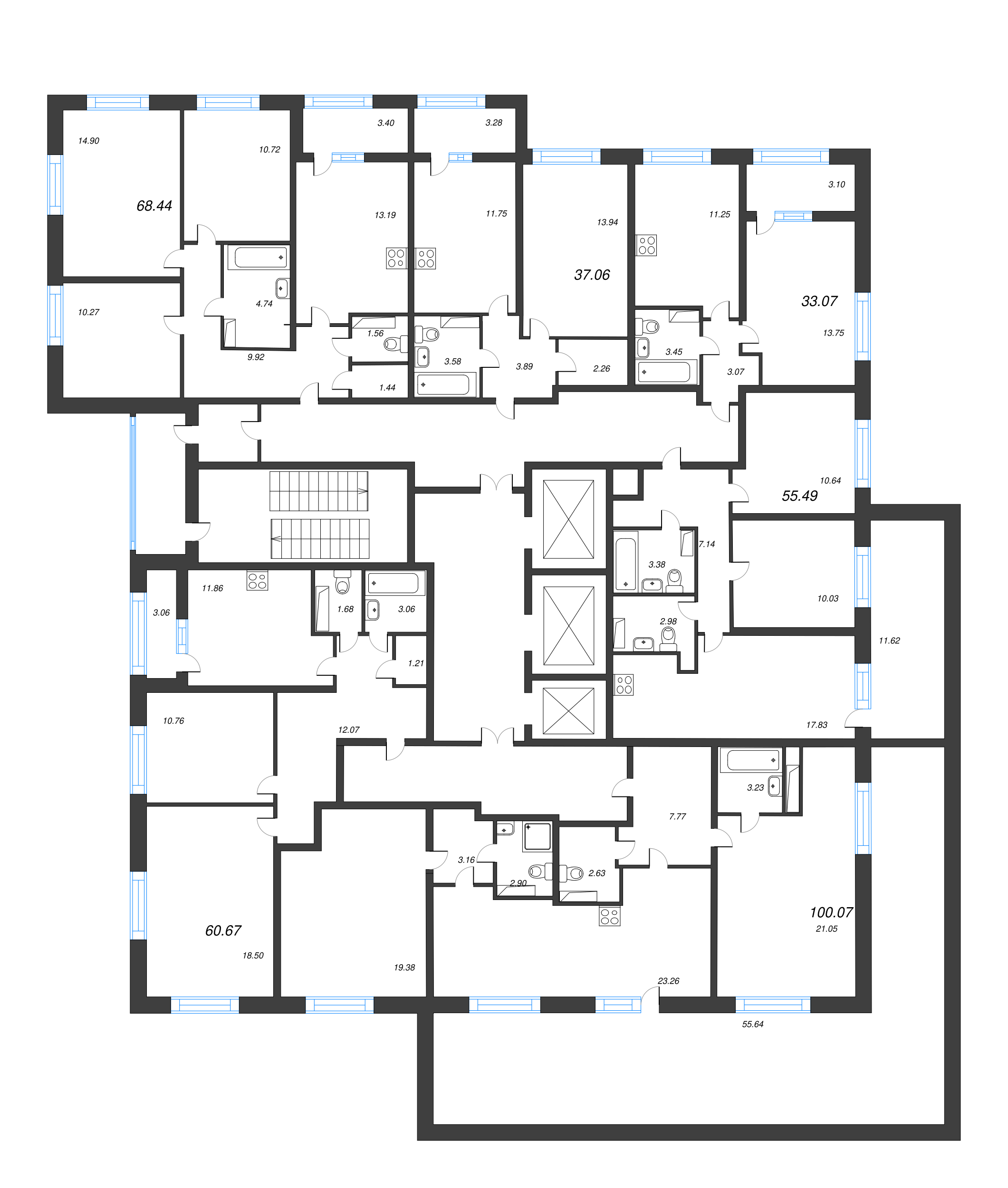 3-комнатная квартира, 68.44 м² - планировка этажа