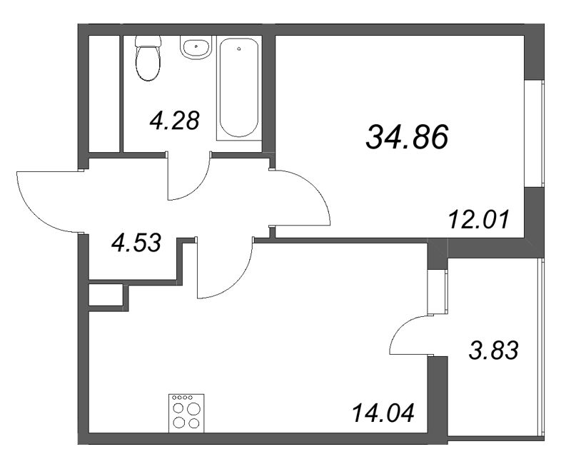 1-комнатная квартира, 34.86 м² в ЖК "Ясно.Янино" - планировка, фото №1