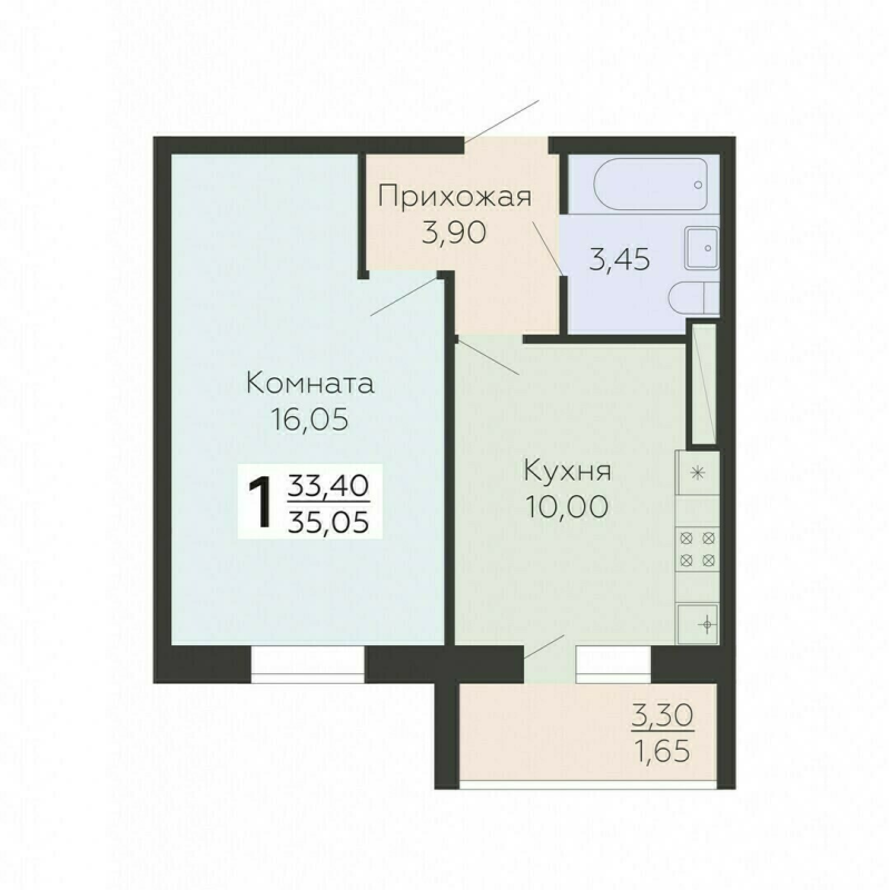 1-комнатная квартира, 35.05 м² в ЖК "Ленский" - планировка, фото №1