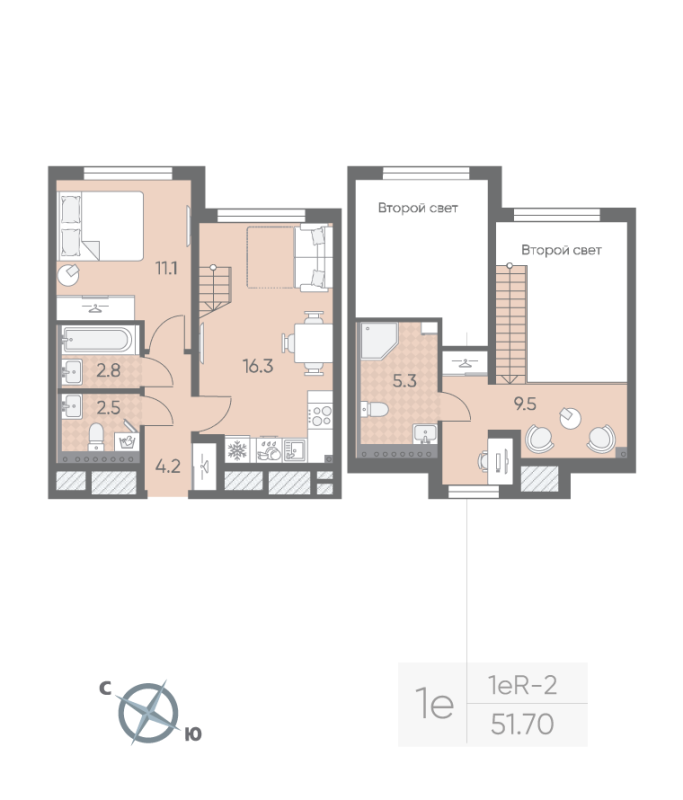 3-комнатная (Евро) квартира, 51.7 м² в ЖК "Пулково Lake" - планировка, фото №1